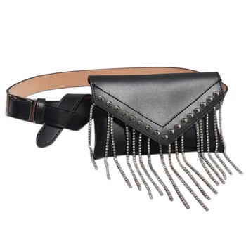 

Tassel Diamonds Women Fanny Pack Fashion Rivet Streetwear Bag Glitter Purse Pu Leather Belt Waist Bag Mobile Black