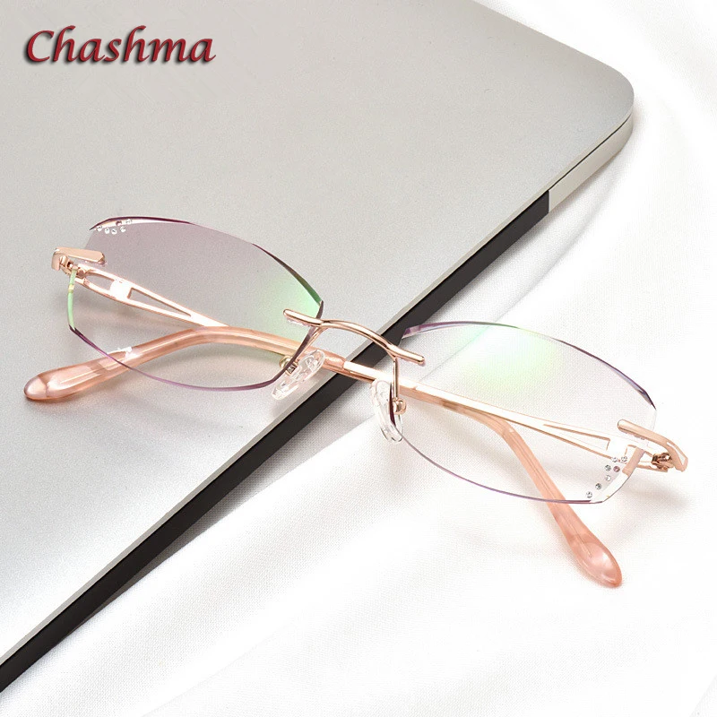 Rhinestone Titanium Frame Gray Red Lenses Rimless Glasses Light Women Gradient Glass Prescription Graduation | Аксессуары для