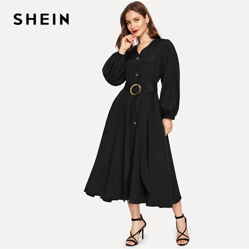 SHEIN Платье На Пуговицах С Поясом Элегантное V Образным Вырезом Для Женщин|Платья| |