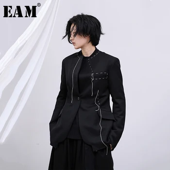 

[EAM] Loose Fit Black Line Split Joint Short Jacket New Lapel Long Sleeve Women Coat Fashion Tide Spring Autumn 2020 1M749