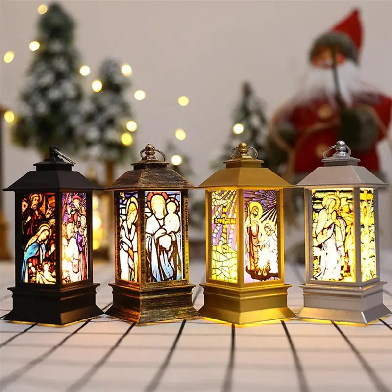 Christmas LED Storm Lantern Church Jesus Pattern Simulated Small Oil ...
