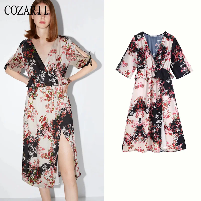 COZARII, летнее женское платье, vestidos, повседневный стиль, принт, оборки, v-образный вырез, половина рукава, vestidos de fiesta, платье для вечеринки, топы размера плюс