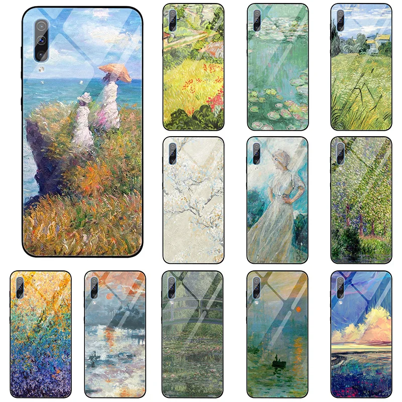 Tempered Glass Phone Cases for Samsung Galaxy S8 S9 S10 A6 A8 A8S A9S M10 M20 M30 Plus Bags Claude Monet Impression Oil Painting | Мобильные