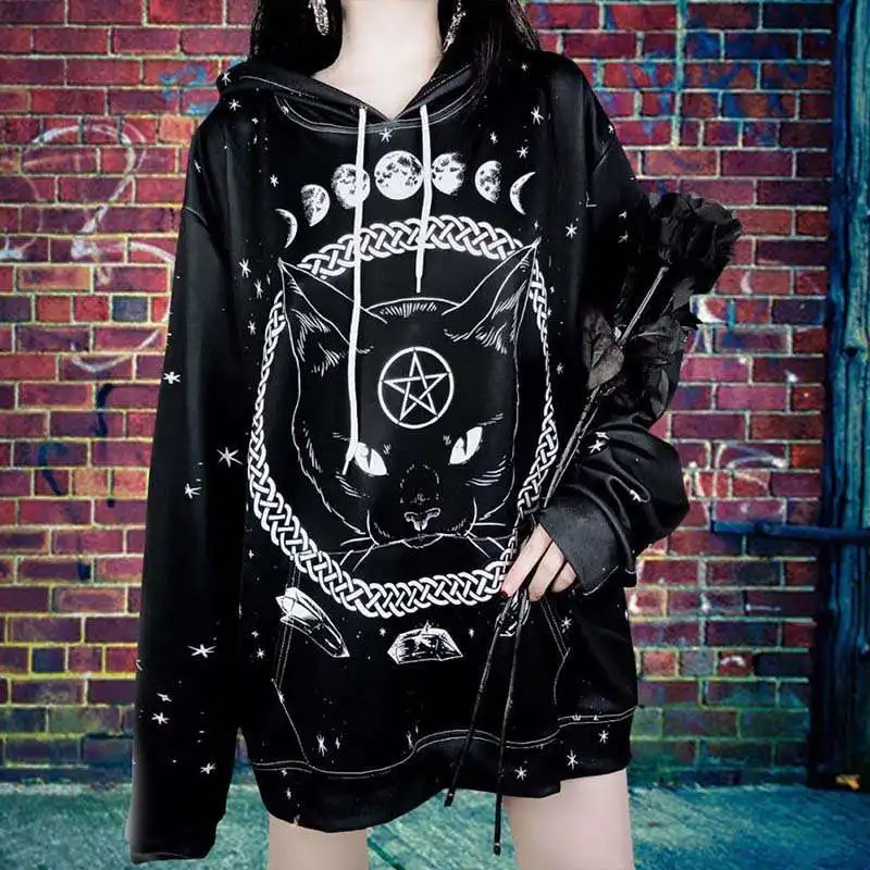  Raisevern Harajuku Punk Hoodie Pentagram Print Black Sweatshirts Gothic Streetwear Pullovers Long S