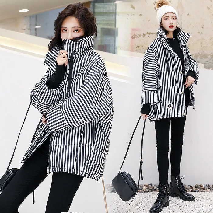 

2019 Winter Fake Two-Piece Stripes Zipper Button Cotton-padded Clothes Women's High Collar Thick-Short Small Cotton-Padded Jacke