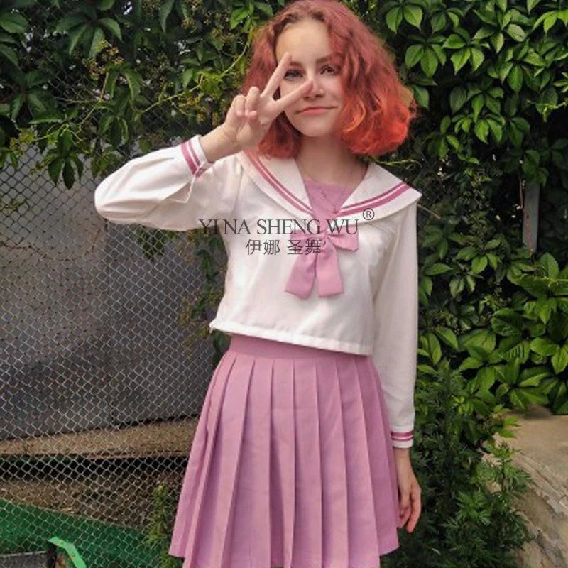 

Pink 2pcs Set Top Skirt Japanese School Uniforms JK Uniform for Girls Anime COS Sailor Clothing College Middle School Students