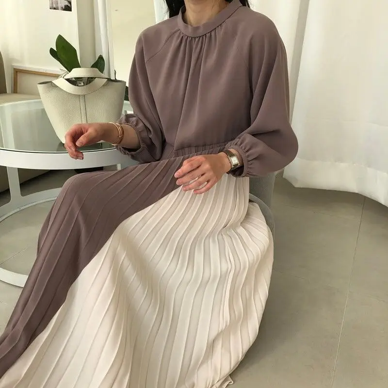 RUGOD модное Плиссированное женское платье, элегантное, круглый вырез, рукав-фонарик, свободное Макси платье es vestidos, Модное Длинное Платье Макси