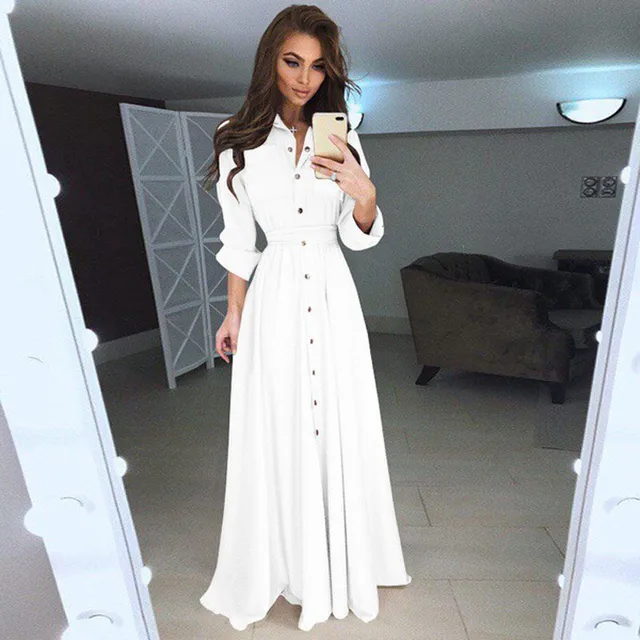 Women Long Sleeve Button Down Maxi Dress Evening Party Casual Shirt Dress  Solid Black Red Pink White Blue Plus Size S-3xl - Dresses - AliExpress