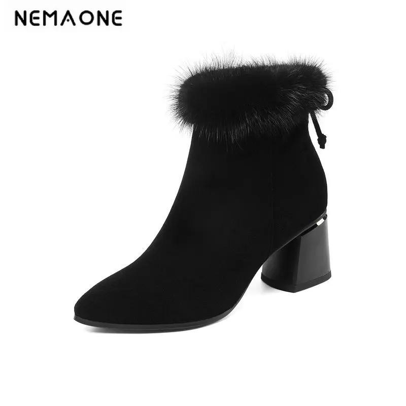 NEMAONE Women's snow Boots suede leather ankle Boots High Heels Shoes Woman winter warm Female Boots Large size 34-45