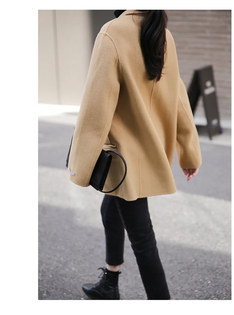 autumn and winter suit collar woolen coat female retro solid color handmade double-sided woolen coat