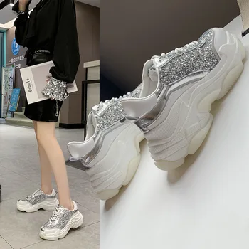 

Glitter Shoes Women Platform Sneakers Brand Silver Lady Chunky footware Patchwork Female Trainer Thick Bottom Breathable
