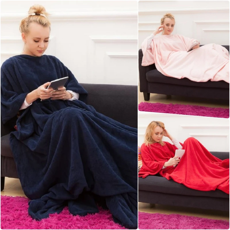 Winter Hooded Pocket Blankets Warm Soft Hoodie Slant Robe Bathrobe Pullover Tv Flannel Fleece Blanket Sweatshirt With Sleeves Electric Blankets Aliexpress