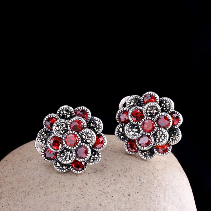 Uglyless Blooming Flower Garnet Earrings for Women Vintage Ethnic Marcasite Stud Earrings Real 925 Silver Brincos Jewelry E1540