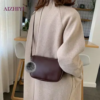 

Women PU Leather Shoulder Pompom Pendant Crossbody Handbag Female Casual Retro Pure Color Messenger Bag