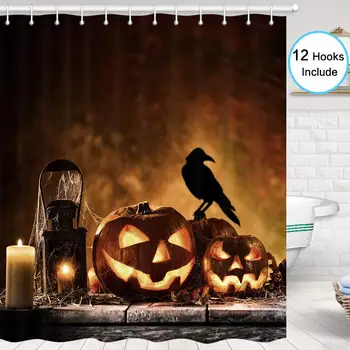 

Halloween Shower Curtain for Bathroom, Horror Crow Pumpkin Headless Lantern Jack-o-Lanterns Lamp White Candle Halloween Bathroom