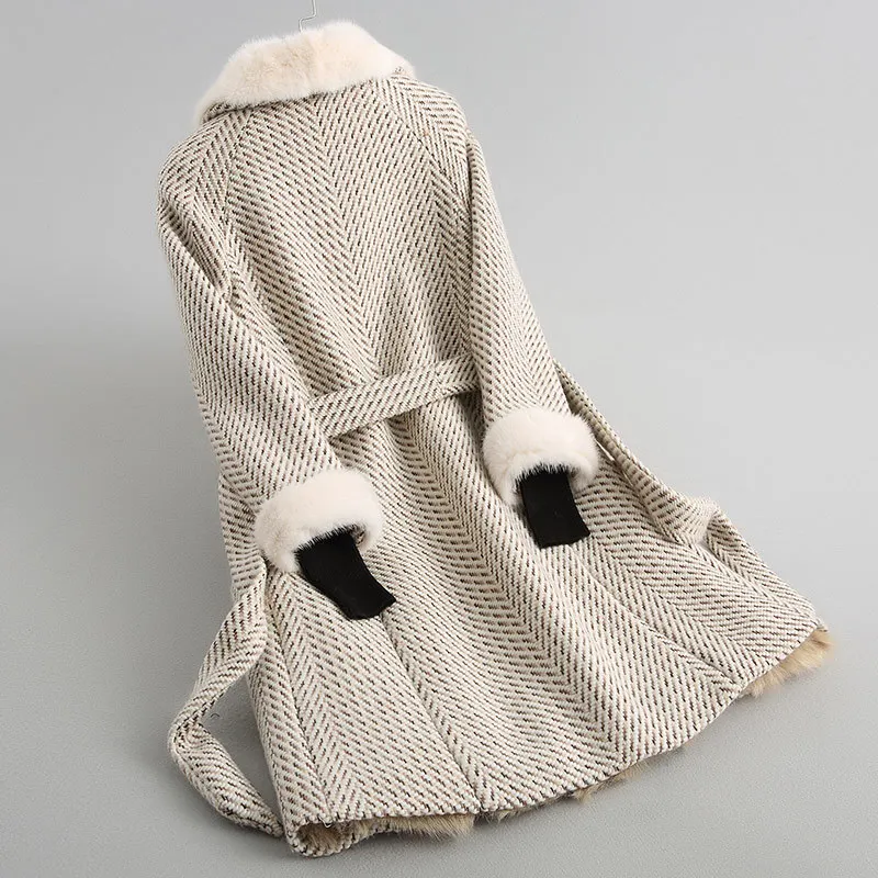 

Women's Fur Coat Tweed Wool Jackets Real Mink Fur Collar Warm Winter Jacket Women Natural Lamb Fur Liner 68247 WYQ3940