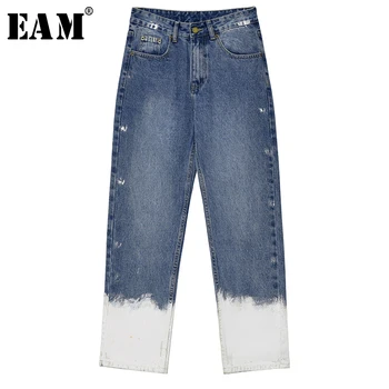 

[EAM] Blue White Gradual Color Long Wide Leg Jeans New High Waist Loose Women Trousers Fashion Tide Spring Autumn 2020 1T286