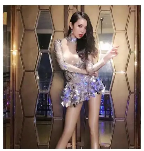 Incarnadine color Singer mirror dress stage dance wears Sparkly Silver Sequins Bodysuit Dress Rhinestone Costume