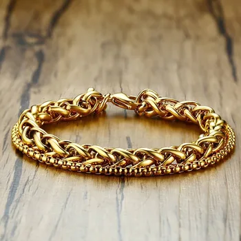 

Men's Chain Bracelet Stainless Steel Double Links Gold Color Punk Rock Hand Bangle Wrist Accessories 8.5"