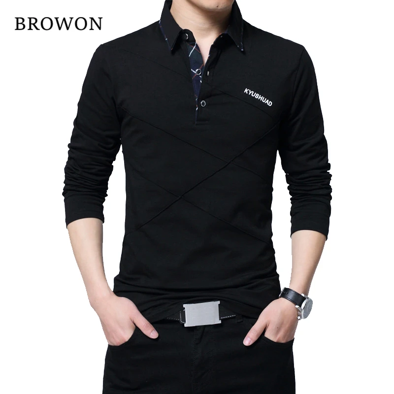 T-Shirt Men Slim-Fit Stripe Plus-Size Casual BROWON Cotton Turn-Down Loose Male Hot-Sale