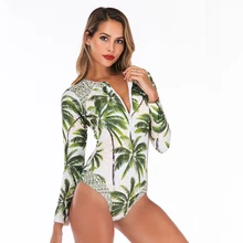 Женский сексуальный цельный купальник в европейском и американском стиле, для дайвинга, для серфинга, длинный рукав, тонкий купальник, женский купальник с принтом кокосового дерева, цельный купальник
