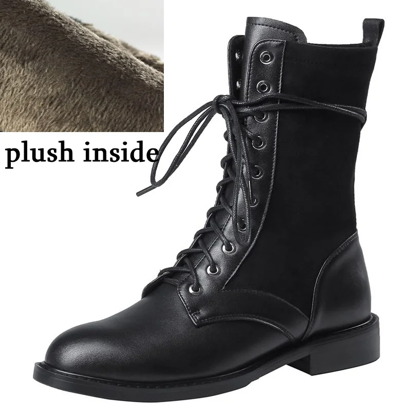 ALLBITEFO genuine leather+flock women boots British style fashion ankle boots Autumn Winter leather boots comfortable breathable - Цвет: plush inside