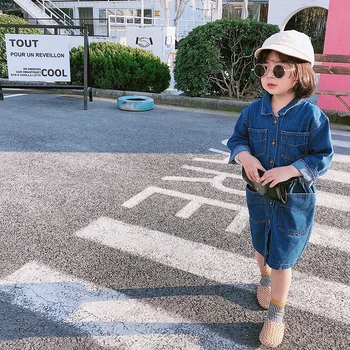 

Spring Autumn girls denim dress Baby dress kids vestidos Children streetwear clothes button pocket elastic waist 1 to 7 yrs