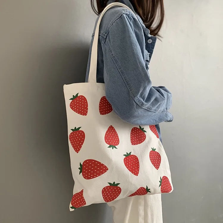 

Original Design New Style 2020 Strawberry Printing Canvas Bag Fresh Student Single Shoulder Bag Casual Tote Handbag Large