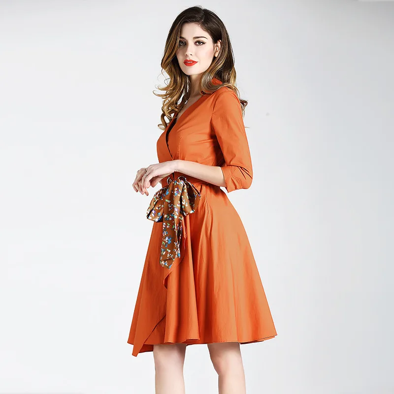

2020 Robe Vintage Cotton Dress Women V-neck Office Work Dress Female Bow-tie Spring Summer Ladies Dresses party dress YQ084