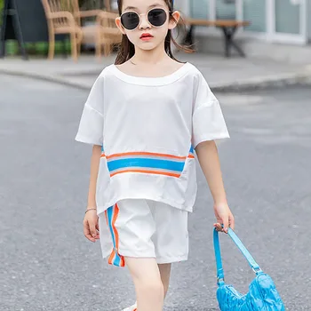 

Summer Two Piece Set Teenage Girls Clothing Fashion Sportswear Korean Style Stripes Ribbon Streetwear Outfits T-shirt Shorts Set