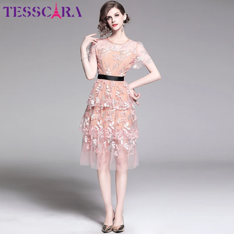 

TESSCARA Women Summer Luxury Sequin Dress Festa Female High Quality Wedding Party Robe Femme Floral Designer Pink Mesh Vestidos