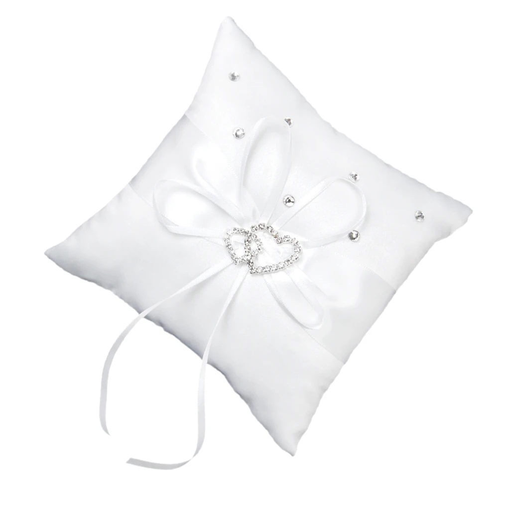 Satin Bridal Ring Cushion White W/ Shiny Love Heart Diamante Wedding Pillow 6
