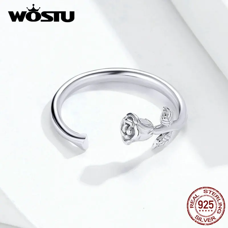 WOSTU, настоящее 925 пробы Серебряное обручальное кольцо, Нежная роза, регулируемые кольца на палец для женщин, модное ювелирное изделие, DAR065