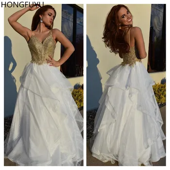 

HONGFUYU Double Straps A-line Ruffles Evening Dresses Appliques Long Vestidos de Fiesta Elegantes Prom Dress Women Party Dress