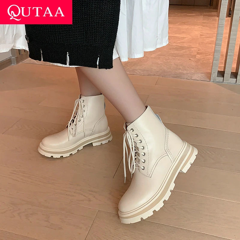 QUTAA Botas de Tacón Cuadrado de Cuero de Vaca para Mujer, Botines Acordonados con Punta Redonda Tamaño 34 39, Zapatos Informales para Otoño e Invierno, 2022|Botas hasta tobillo| - AliExpress