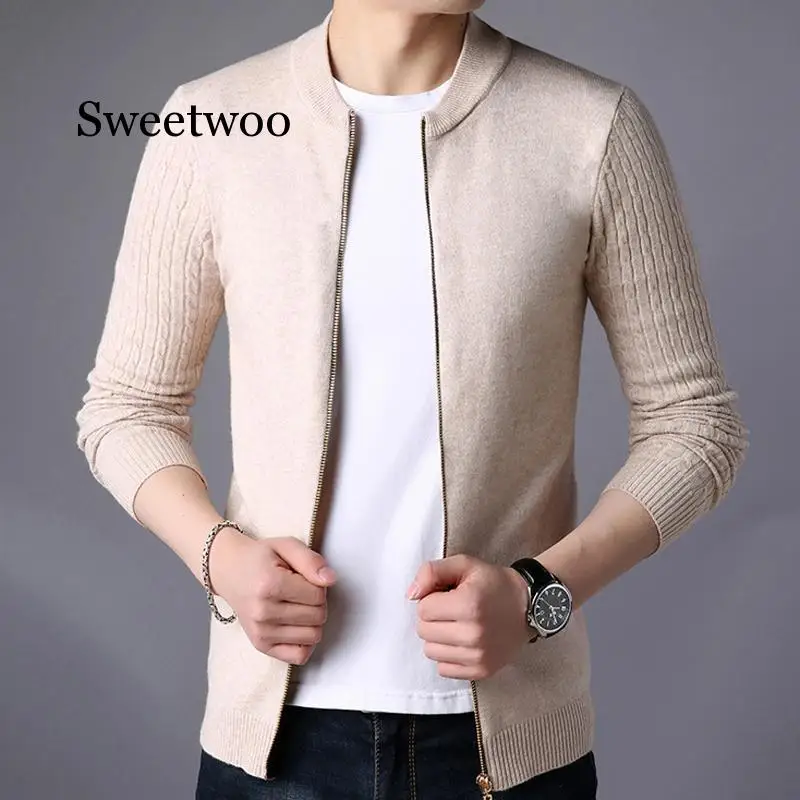 

Spring New Men's Sweater Male Stand Collar Jacket Solid Color Sweaters Knitwear Warm Sweatercoat Cardigans Men Clothing SWEETWOO