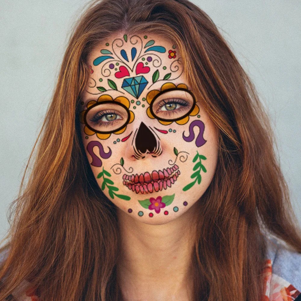 Halloween Party Decoration Halloween Mask Waterproof Temporary Tattoo Sticker Mexican Day of The Sugar Skull Mask Makeup Party,Q