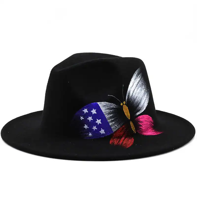 

Painted Simple Handmade butterfly Wool Felt Black Fedora Hat For Women/Men Wide Brim Autumn Winter Panama Jazz Cap