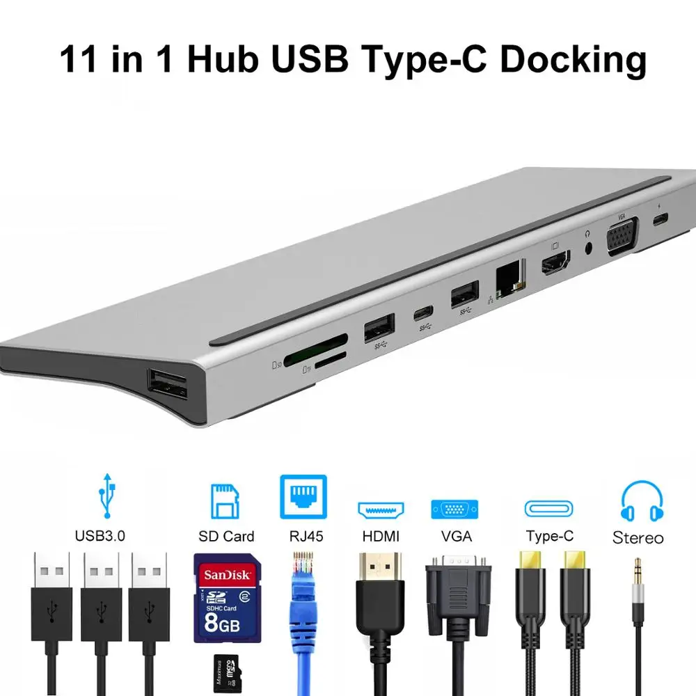 

USB C Hub 11 in 1 Type C to USB 3.0 TF SD HDMI RJ45 VGA PD 3.5mm jack Adapter Type C Hub Splitter Dock For Macbook Pro
