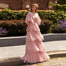 Robe De bal à plusieurs niveaux rose élégante, manches cape, longue robe De soirée formelle pour femmes, traîne, 2021 