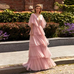 Elegant Cap Sleeves Pink Tiered Prom Dress Long Formal Party Gown For Woman Sweep Train 2021 Vestido De Noche A Line