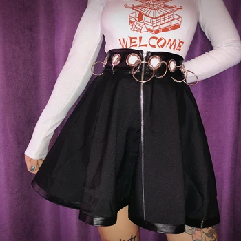

Summer Women Circular Ring High waist Skirt Small Black Skirt Spring Teen Girls Fashion Harajuku PU Solid Color Pleated skirt