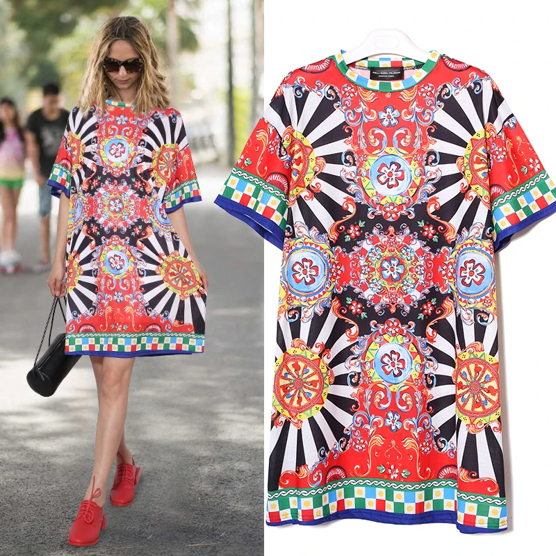 

2020 Summer Women milk silk Floral Printed Beach tshirt Dress Plus Size Ladies Cute Straight Sundress Mini Casual Sun Dress Robe