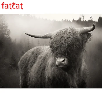 

FATCAT 5D Full Square round diy handmade diamond embroidery mosaic painting kit Highland-Cattle buffalo picture Decor AE099