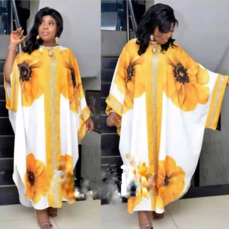 2 Color African Dresses For Women 2020 Hot Sale Big Flowers Print Bat Sleeve Round Collar Polyester Female Long Dress Elegant |