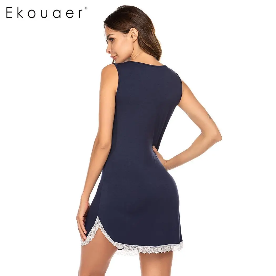 Ekouaer, летняя женская ночная рубашка, мягкая ночная рубашка, с круглым вырезом, без рукавов, с кружевами, в стиле пэчворк, ночная рубашка, домашняя одежда