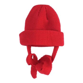 

Kids Girls Boys Solid Print Baby Strap Design Hats Winter Newborn Cute Warm Knitted Hemming Caps