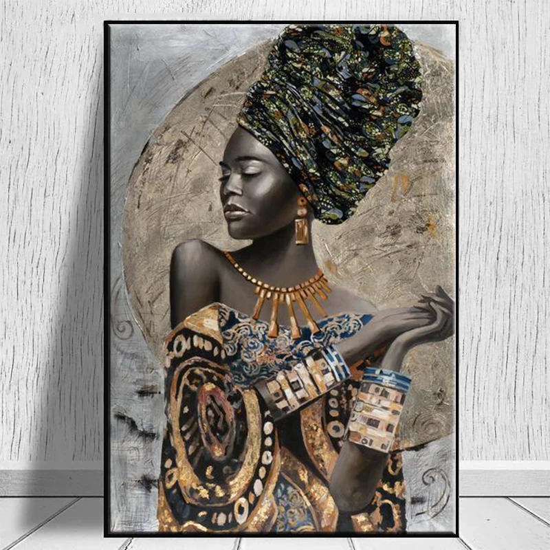 Mural Modern Decoration Luxury Aristocratic African Woman Poster and Print Canvas Art Portrait Black Girl Living Room