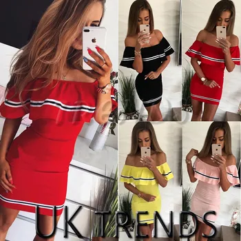 

Fashion Women Off Shoulder Stretch Sexy Dress Summer 2020 Short Sleeve Striped Slim Mini Dress Ruffles Package Hips Short Dress
