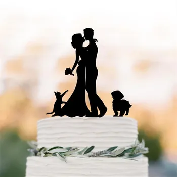 

Kissing Bride Groom with Two Pets Romantic Cake Topper Acrylic Wooden Wedding Anniversary Party Cake Decoration Supplies